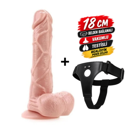 Dildo 18 cm Belden Bağlamalı Vakumlu Testisli Realistik Penis Dildo
