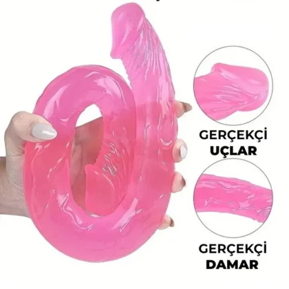 Pembe Çift Başlı Yapay Penis – 35 cm | Tıbbi Silikon | U Şekli | Su Geçirmez