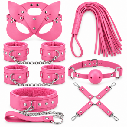 7 Parça Pembe Fantezi ve Yetişkin Aksesuar Seti – Maske, Kırbaç, Kelepçe, Tasma ve Daha Fazlası